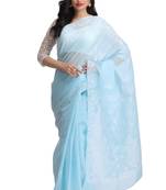 ADA Women Blue Hand Embroidered Lucknow Chikankari Cotton Saree With Blouse - A159238