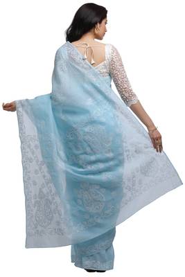 ADA Women Blue Hand Embroidered Lucknow Chikankari Cotton Saree With Blouse - A159238 2