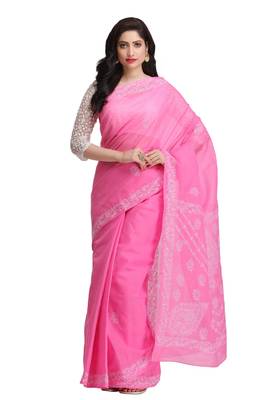 Pink Embroidered Cotton Saree With Blouse 1