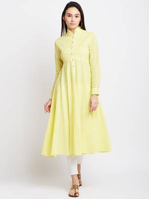 Yellow woven cotton chikankari-kurtis 1