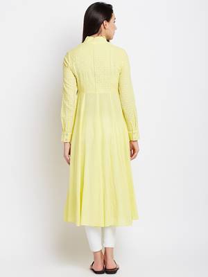 Yellow woven cotton chikankari-kurtis 2