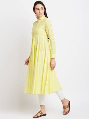 Yellow woven cotton chikankari-kurtis 3