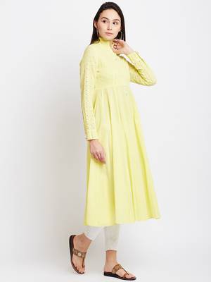 Yellow woven cotton chikankari-kurtis 4