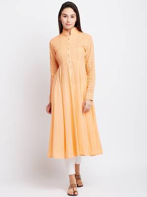 Orange woven cotton chikankari-kurtis 1