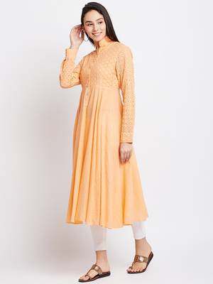 Orange woven cotton chikankari-kurtis 3