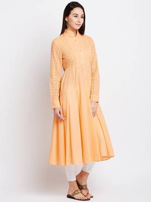 Orange woven cotton chikankari-kurtis 4