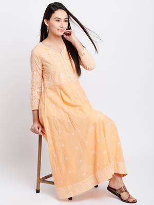 Orange woven cotton chikankari-kurtis 1