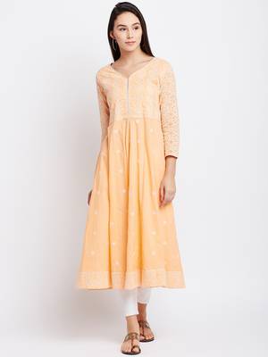 Orange woven cotton chikankari-kurtis 2
