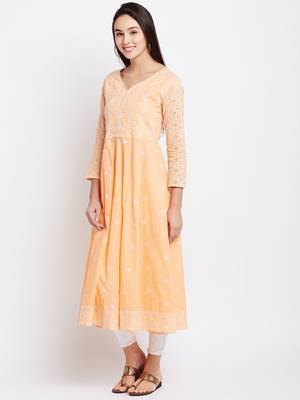 Orange woven cotton chikankari-kurtis 4