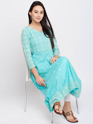 Green woven cotton chikankari-kurtis 1