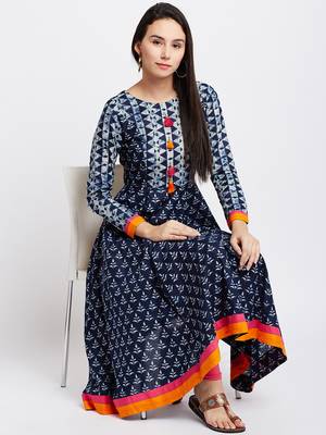 Navy blue printed cotton kurti 1