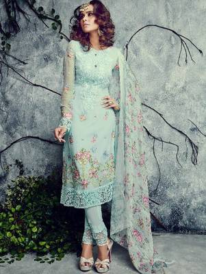 Sea Green Sky Blue Firozi Color embroidered georgette semi stitched salwar with dupatta 1