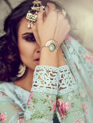 Sea Green Sky Blue Firozi Color embroidered georgette semi stitched salwar with dupatta 2
