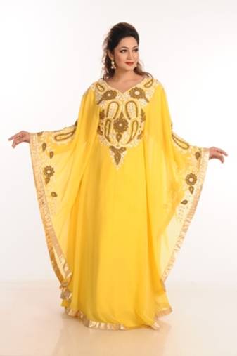 Yellow Zari Work Georgette Islamic Style Party Wear Stones And Beads Embedded Arabian Kaftan