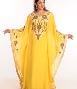 Yellow Zari Work Georgette Islamic Style Party Wear Stones And Beads Embedded Arabian Kaftan