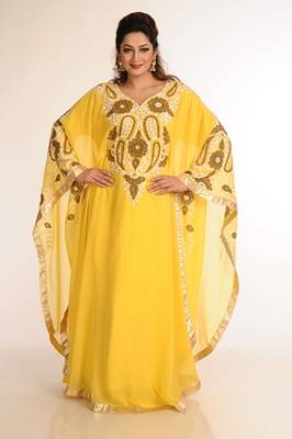 Yellow Zari Work Georgette Islamic Style Party Wear Stones And Beads Embedded Arabian Kaftan 2