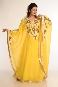 Yellow Zari Work Georgette Islamic Style Party Wear Stones And Beads Embedded Arabian Kaftan