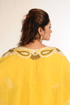 Yellow Zari Work Georgette Islamic Style Party Wear Stones And Beads Embedded Arabian Kaftan 4