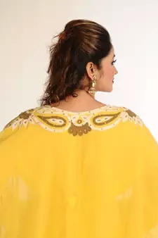 Yellow Zari Work Georgette Islamic Style Party Wear Stones And Beads Embedded Arabian Kaftan