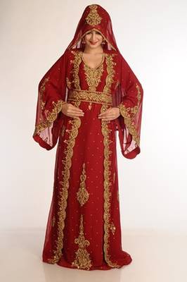 Maroon Zari Work Georgette Islamic Style Party Wear Stones And Beads Embedded Arabian Kaftan 1