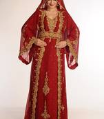 Maroon Zari Work Georgette Islamic Style Party Wear Stones And Beads Embedded Arabian Kaftan