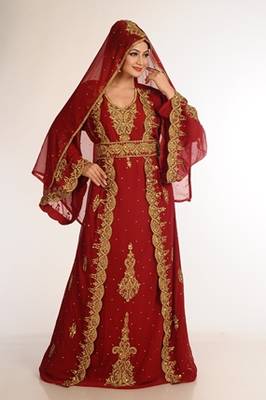Maroon Zari Work Georgette Islamic Style Party Wear Stones And Beads Embedded Arabian Kaftan 2