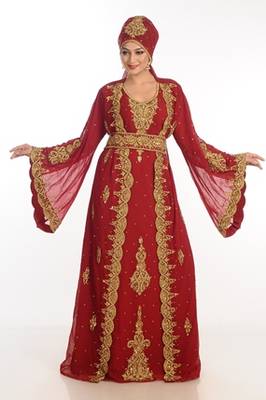 Maroon Zari Work Georgette Islamic Style Party Wear Stones And Beads Embedded Arabian Kaftan 3