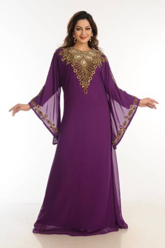 Purple Zari Work Georgette Islamic Style Party Wear Stones And Beads Embedded Arabian Kaftan