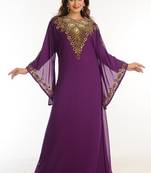 Purple Zari Work Georgette Islamic Style Party Wear Stones And Beads Embedded Arabian Kaftan