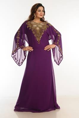 Purple Zari Work Georgette Islamic Style Party Wear Stones And Beads Embedded Arabian Kaftan 2