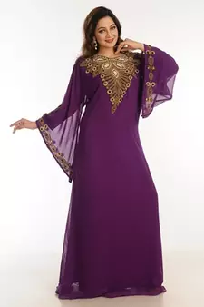 Purple Zari Work Georgette Islamic Style Party Wear Stones And Beads Embedded Arabian Kaftan