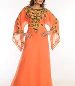 Tomato Zari Work Georgette Islamic Style Party Wear Stones And Beads Embedded Arabian Kaftan