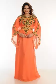 Tomato Zari Work Georgette Islamic Style Party Wear Stones And Beads Embedded Arabian Kaftan