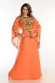 Tomato Zari Work Georgette Islamic Style Party Wear Stones And Beads Embedded Arabian Kaftan