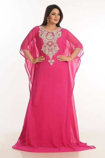 Pink Zari Work Georgette Islamic Style Party Wear Stones And Beads Embedded Arabian Kaftan