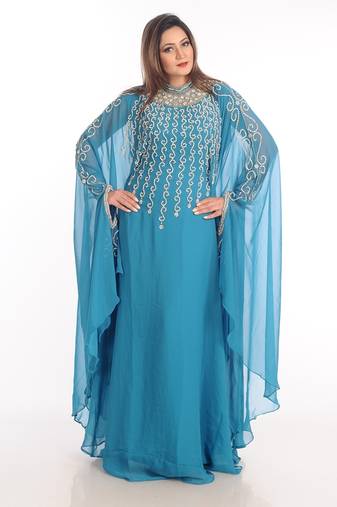 Turqoise Zari Work Georgette Islamic Style Party Wear Stones And Beads Embedded Arabian Kaftan