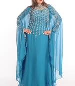 Turqoise Zari Work Georgette Islamic Style Party Wear Stones And Beads Embedded Arabian Kaftan