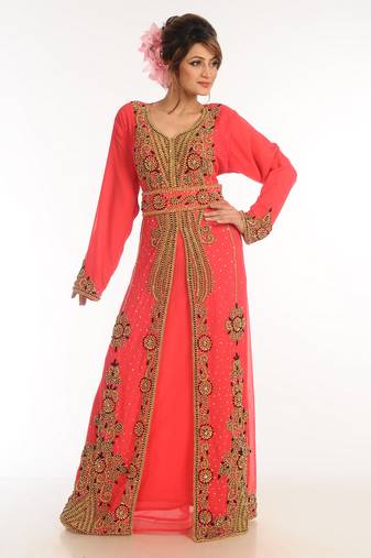 Red Zari Work Georgette Islamic Style Party Wear Stones And Beads Embedded Arabian Kaftan