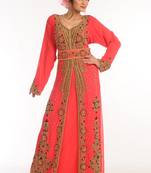 Red Zari Work Georgette Islamic Style Party Wear Stones And Beads Embedded Arabian Kaftan