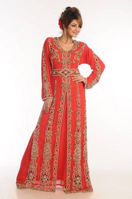 Red Zari Work Georgette Islamic Style Party Wear Stones And Beads Embedded Arabian Kaftan 1
