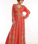 Red Zari Work Georgette Islamic Style Party Wear Stones And Beads Embedded Arabian Kaftan