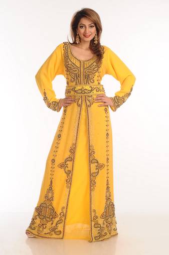 Yellow Zari Work Georgette Islamic Style Party Wear Stones And Beads Embedded Arabian Kaftan