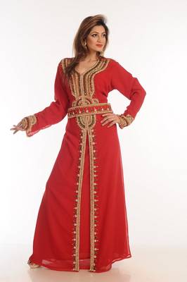 Maroon Zari Work Georgette Islamic Style Party Wear Stones And Beads Embedded Arabian Kaftan 1