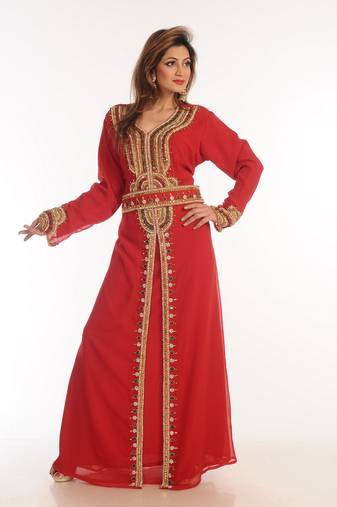 Maroon Zari Work Georgette Islamic Style Party Wear Stones And Beads Embedded Arabian Kaftan
