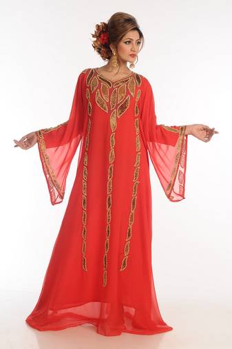 Red Zari Work Georgette Islamic Style Party Wear Stones And Beads Embedded Arabian Kaftan