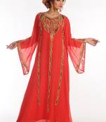 Red Zari Work Georgette Islamic Style Party Wear Stones And Beads Embedded Arabian Kaftan