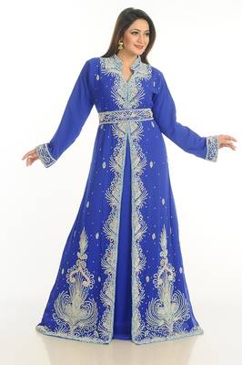 Royal Blue Zari Work Georgette Islamic Style Party Wear Stones And Beads Embedded Arabian Kaftan 1