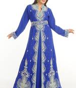 Royal Blue Zari Work Georgette Islamic Style Party Wear Stones And Beads Embedded Arabian Kaftan
