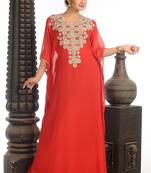 Maroon Zari Work Georgette Islamic Style Party Wear Stones And Beads Embedded Arabian Kaftan