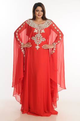 Red Zari Work Georgette Islamic Style Party Wear Stones And Beads Embedded Arabian Kaftan 1